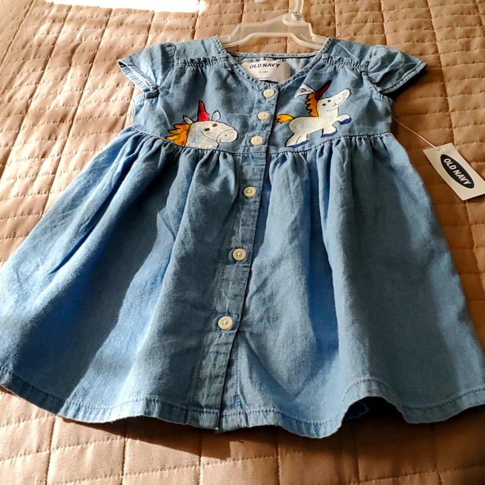 Jean dress, denim, unicorn design, hand painted, 12 to 18 months